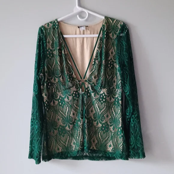 Venus Lace Long Sleeve Plunging V-neck Top Green Nude Large - Picture 13 of 13